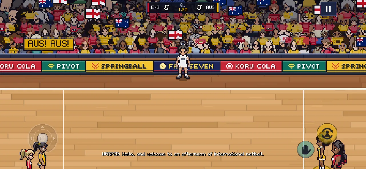 Kick-off with the commentator's subtitle: HARPER: Welcome to an afternoon of international netball.