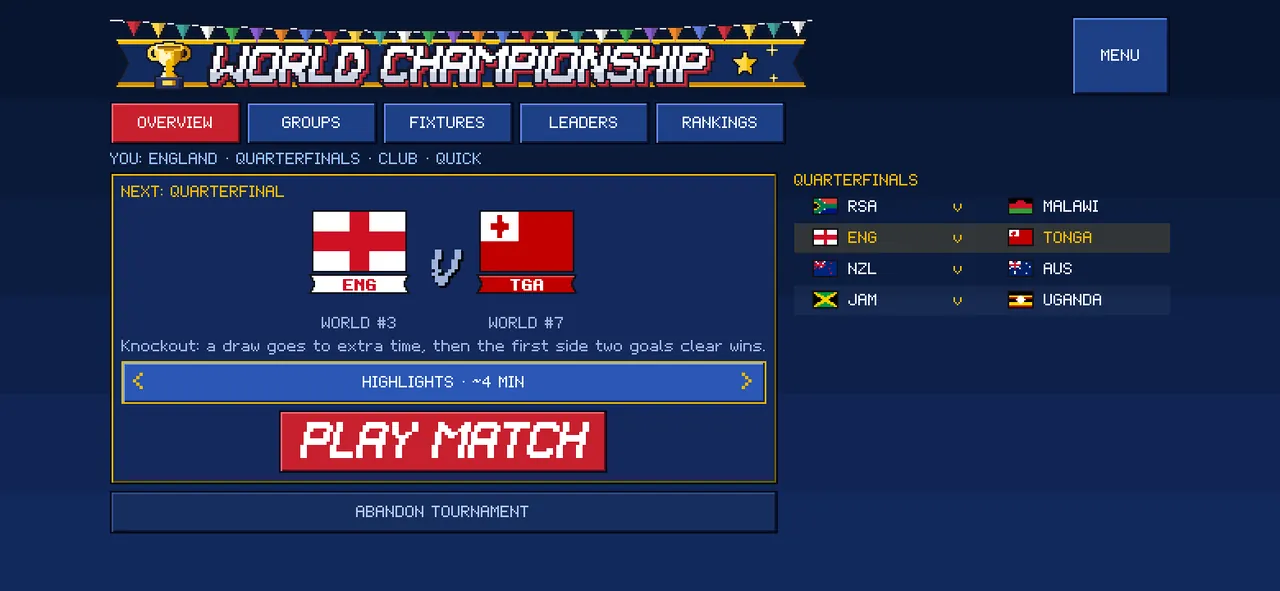 A World Championship bracket at the quarter-finals with the next-match card.