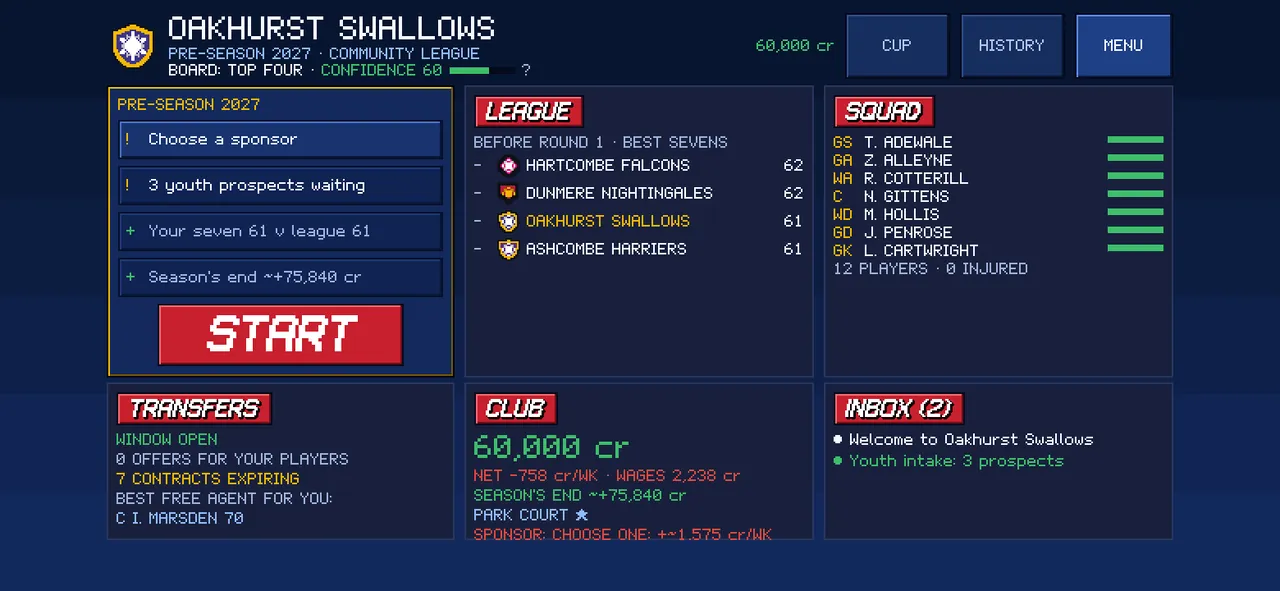 The Club Career hub in pre-season: league, squad, transfers, club money and the inbox.