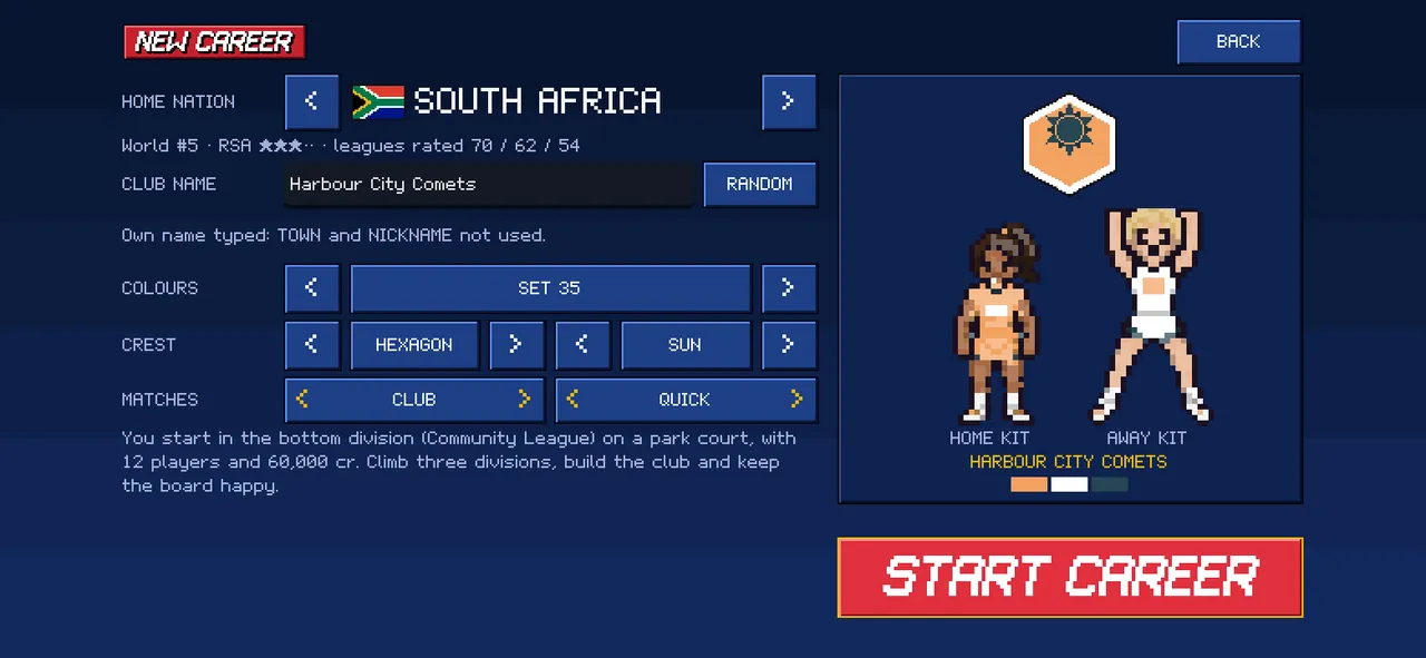 Career setup with the club's own name typed in, the crest and kit choices.