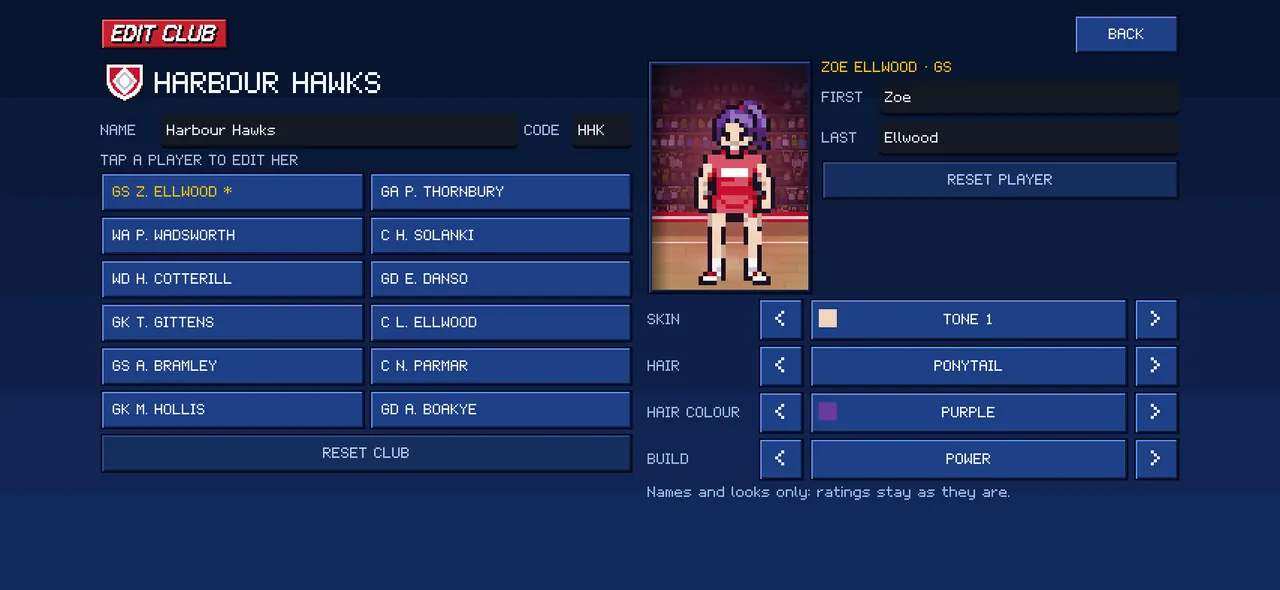The Edit Club screen for Harbour Hawks (HHK), with the Goal Shooter Zoe Ellwood given a purple ponytail.