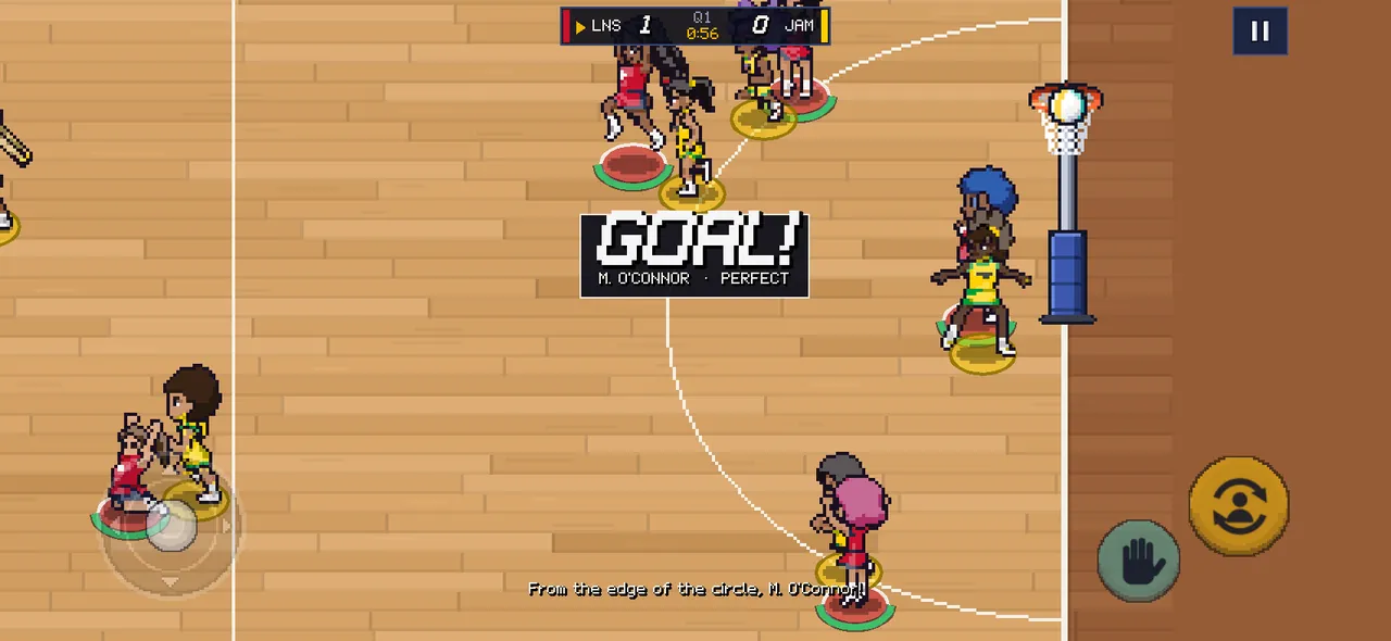 A match against Jamaica: GOAL! M. O'CONNOR · PERFECT, LNS 1 JAM 0 on the scoreboard, the blue-haired shooter by the post and the commentary line: From the edge of the circle, M. O'Connor!