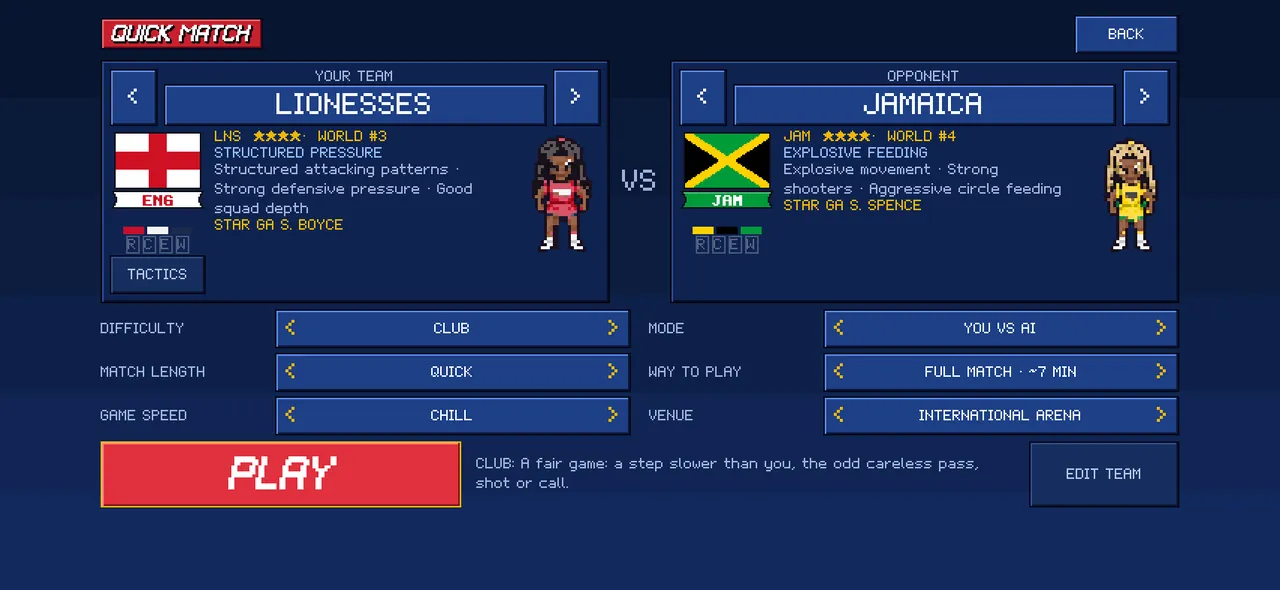 Quick Match set-up with LIONESSES as your team against Jamaica, and the EDIT TEAM button beside PLAY.