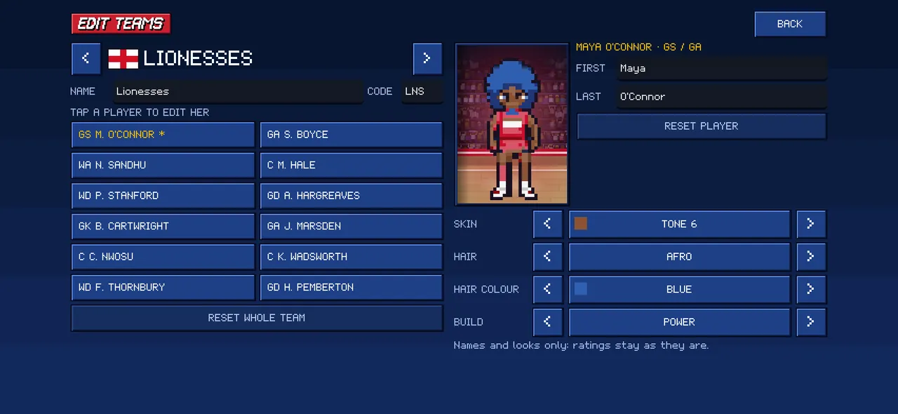 The Edit Teams screen: England renamed Lionesses with the code LNS, the squad of twelve on the left, and the Goal Shooter Maya O'Connor previewed in her kit with a blue afro, skin tone 6 and a power build.