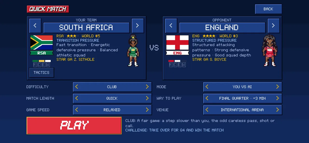 Quick Match set-up: England v Australia, FINAL QUARTER · ~3 MIN selected, the challenge line beside PLAY.