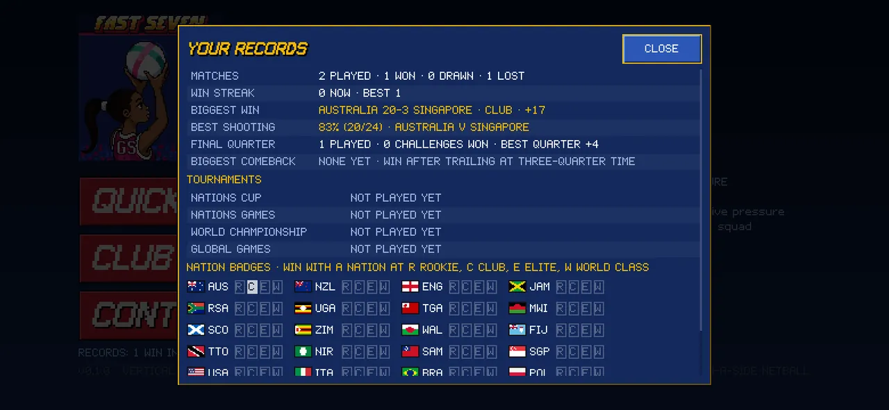 The records window with matches, streaks, biggest win and the nation badge grid.