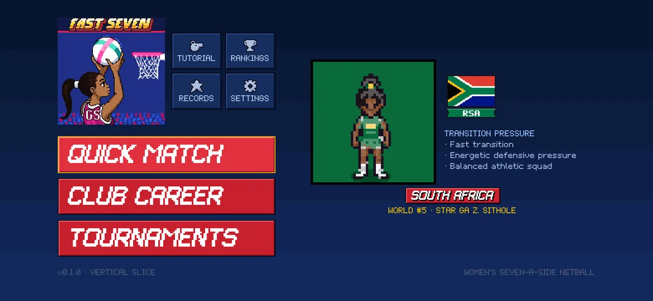 The title screen with the main menu and a featured nation.